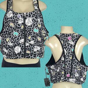 Disney +4 Gray Animal Print Minnie Mouse Oh My Graphic Zip Racerback Sports Bra